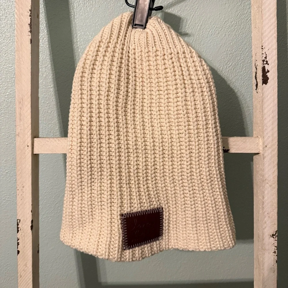 Love Your Melon Slouch Cream Knit Beanie with Leather Patch Women